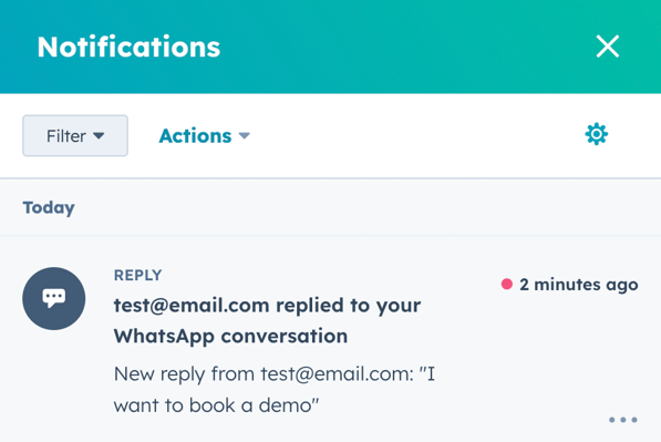 HubSpot notifies you of customer messages via WhatsApp